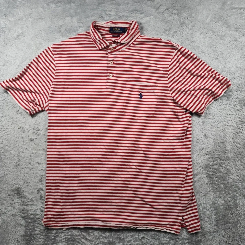 Polo Ralph Lauren Polo Shirt Mens Medium Red Candy Striped Pocket Classic Fit